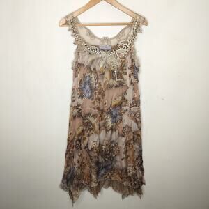 Pretty Angel Silk Floral Dress Crochet Trim Crinkle Earthy Boho